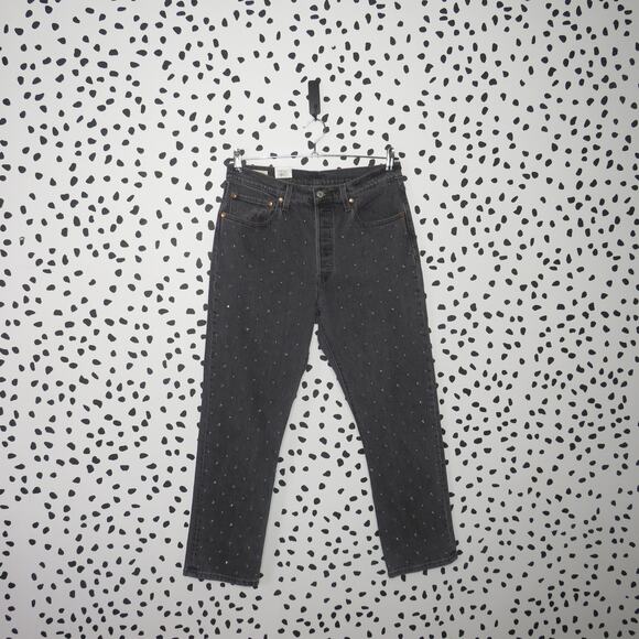 Levi’s Premium Gray Studded Denim High Rise 501 Straight Leg Cropped Jeans - Picture 3 of 14